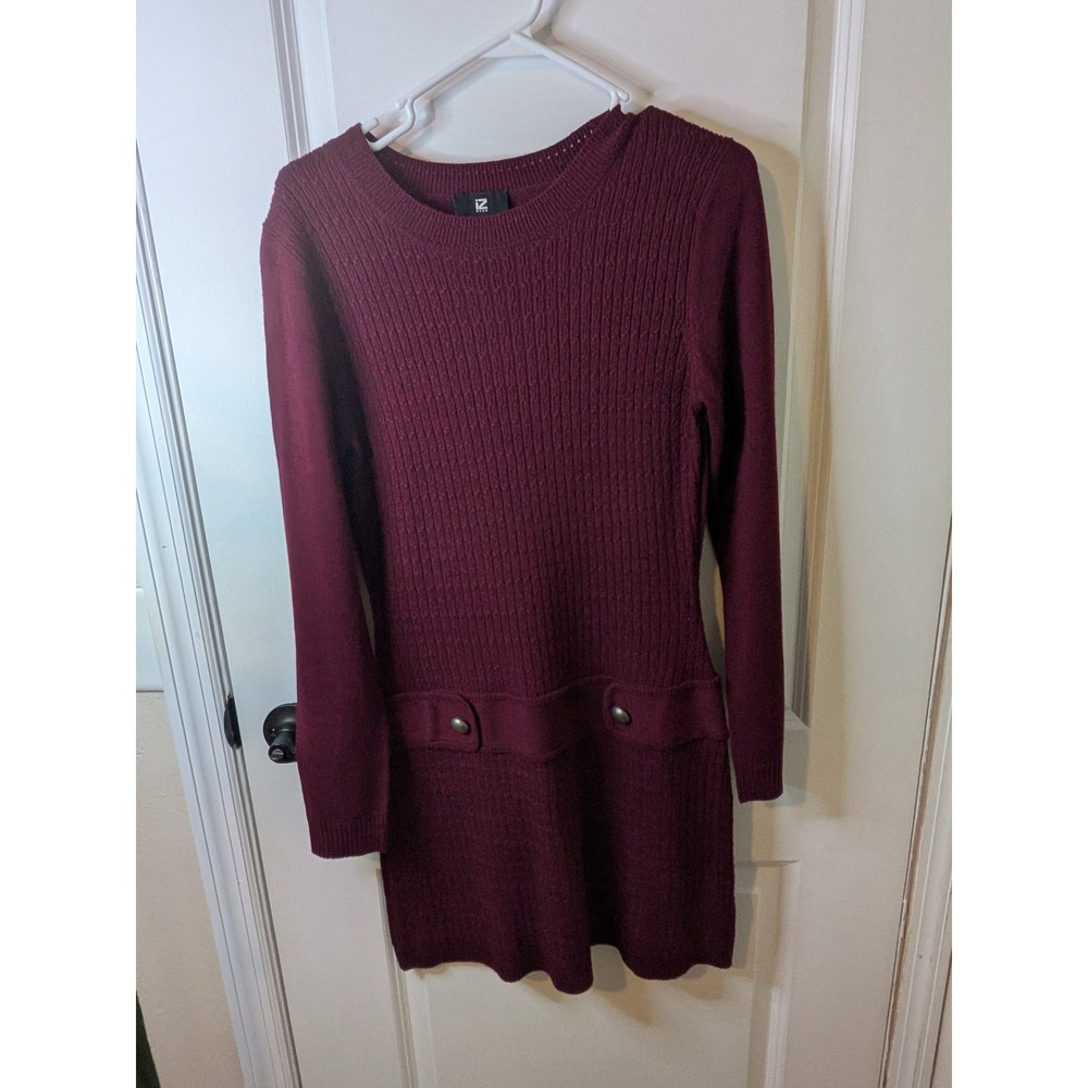 IZ Byer Burgundy Textured Cable Knit Long Sleeve Sweater Dress Button Detail L